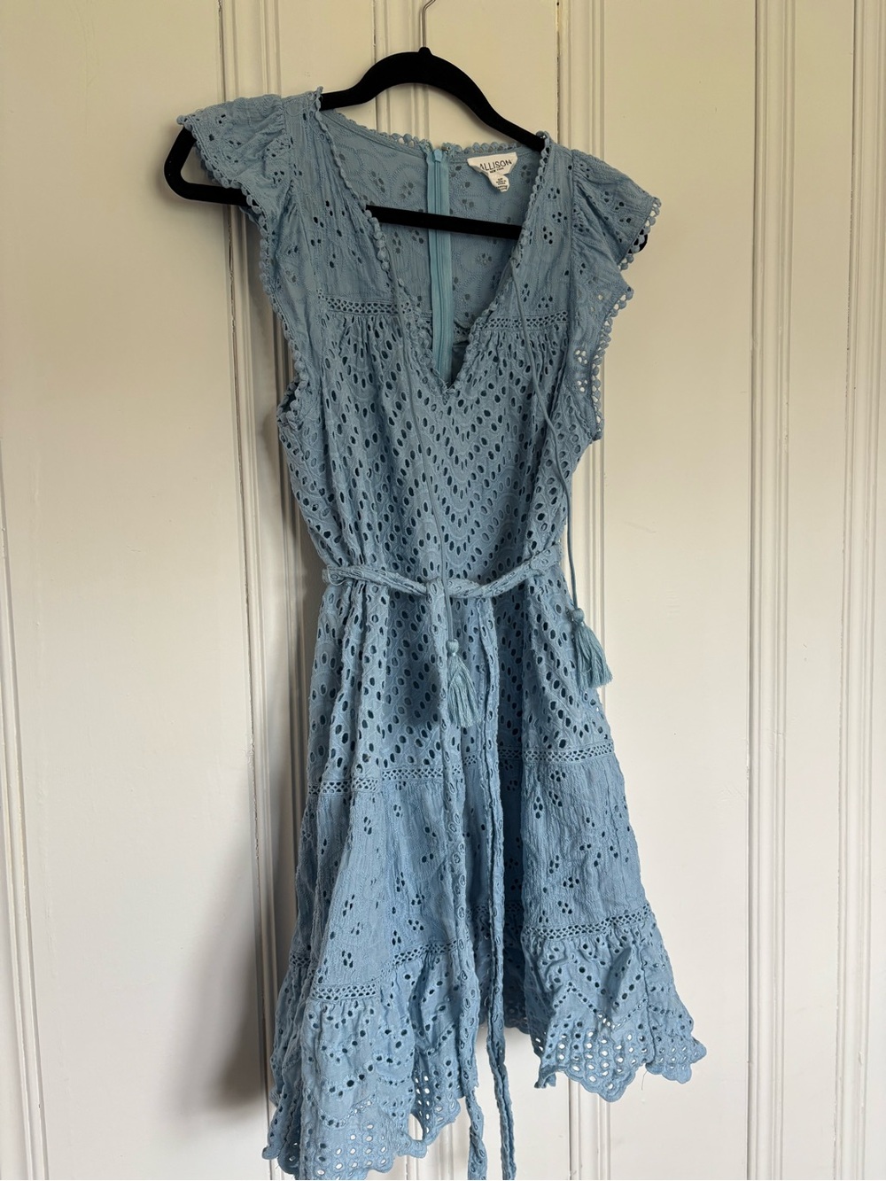 Allison Women’s Light Blue Eyelet Tie-Waist Mini Dress Size S